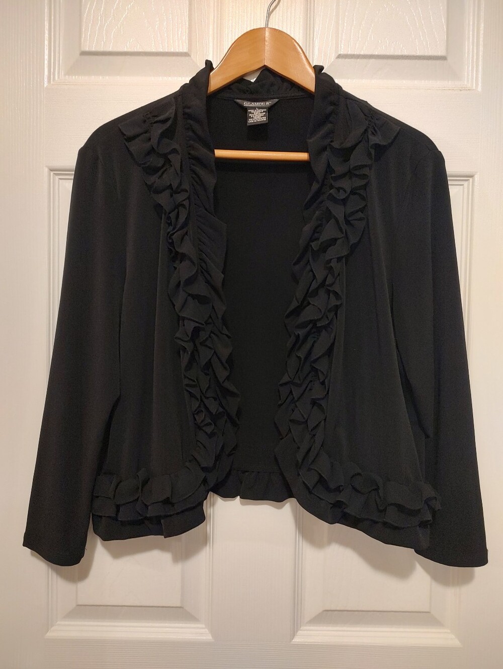 Glamour Black Ruffle-Trim Open-Front Jacket